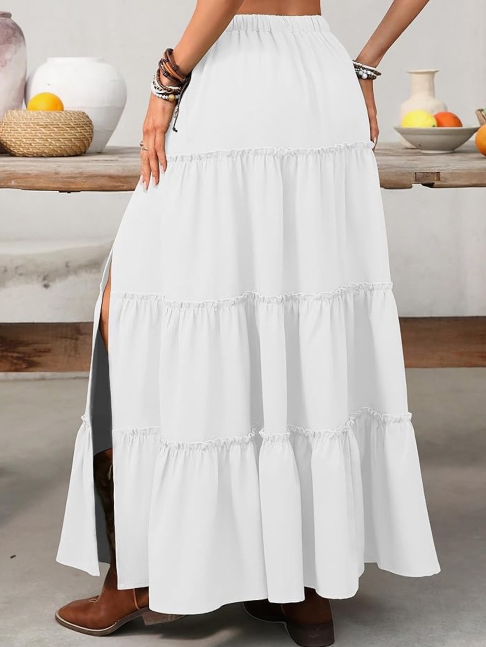Women’s White Tiered Maxi Skirt with Side Slit - Picture 3 of 7
